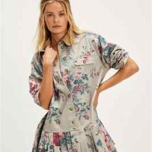 Free People Connor Mini Dress Buttondown Printed Shirt Denim Pocket Medium NWOT